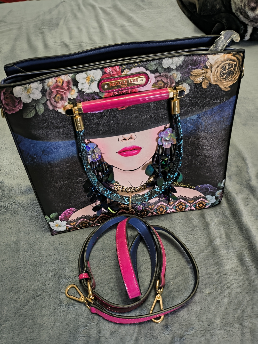Nicole Lee Black Floral Portrait Satchel with Pink Accents